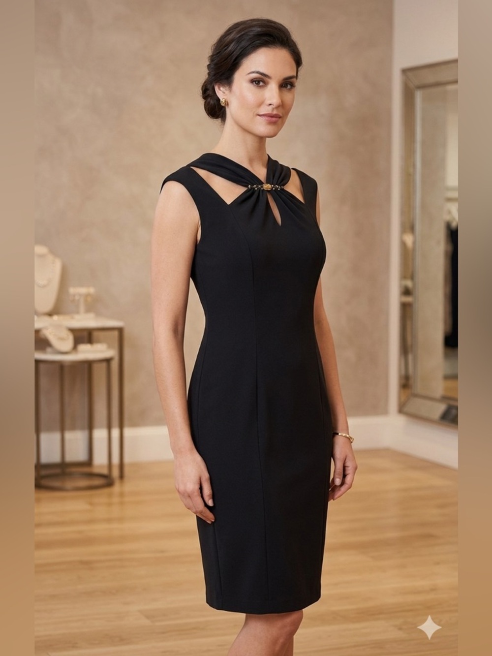 Anne Klein Black Midi Dress with Gold Accents